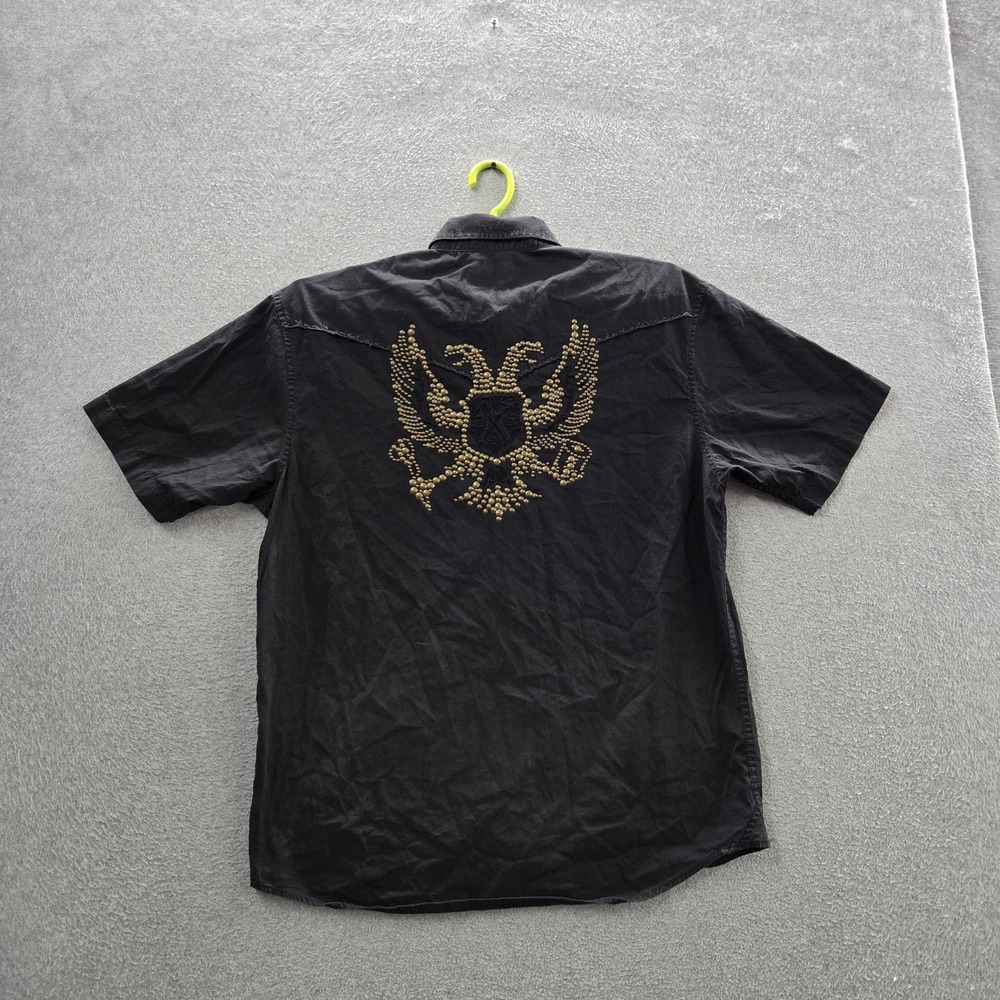 Marc Ecko Men Button Up Shirt L Black Embroidered Crest Western Studded